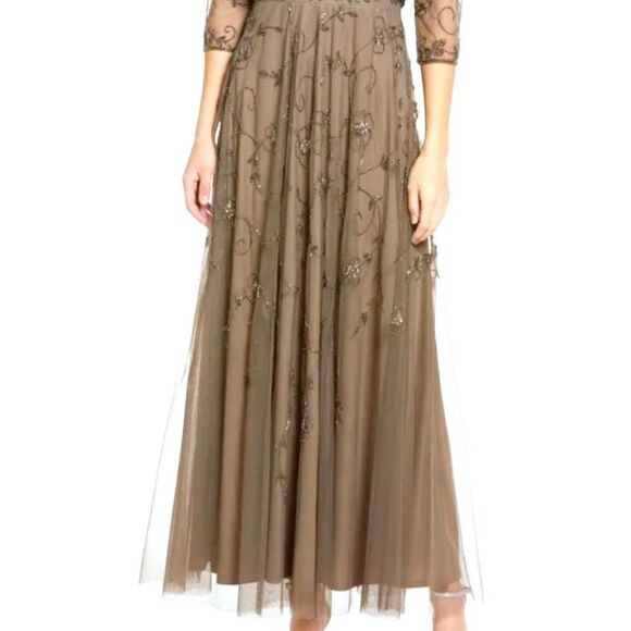 PISSARRO NIGHTS Brown Mocha Gown Beaded Mesh With Jacket Size 2 NWT - Picture 3 of 16